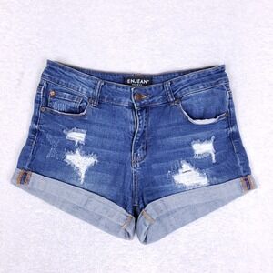 ENJEAN Distressed Denim Shorts Medium Wash Ripped Cuffed Summer Festival Sz M
